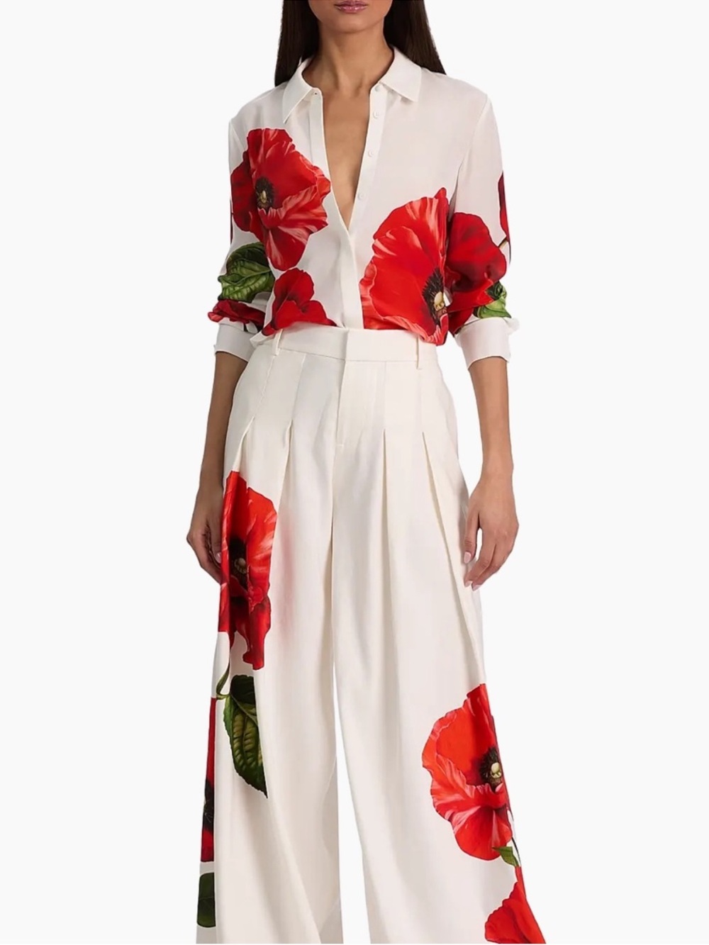 Alice and Olivia Willa Floral Silk Shirt Summer Poppy - Picture 5 of 10